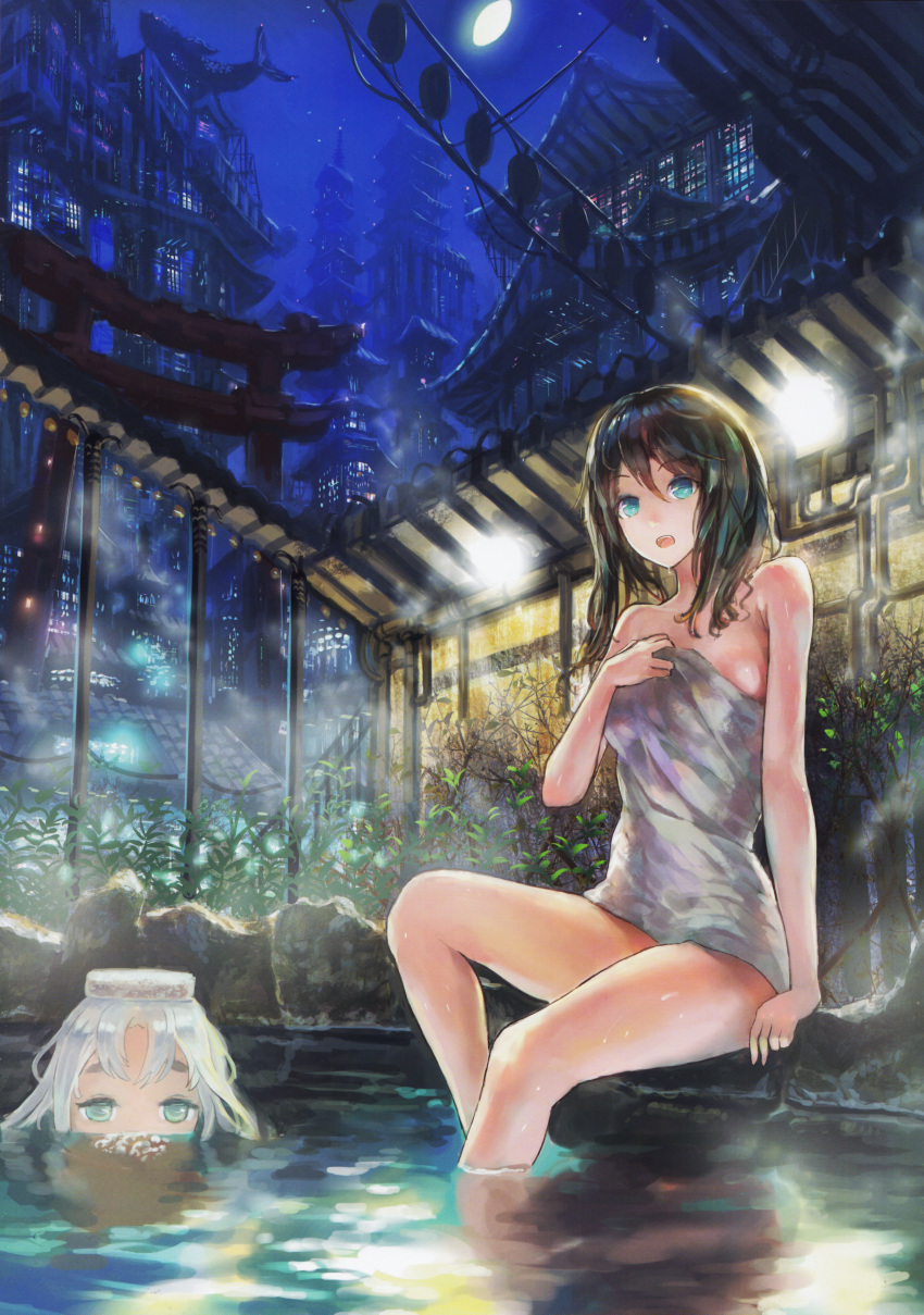 :d absurdres arm_support black_hair blue_eyes bubble building denki feet_in_water highres long_hair looking_at_viewer multiple_girls night night_sky object_on_head onsen open_mouth original scan silver_hair sitting sky smile soaking_feet towel water wet