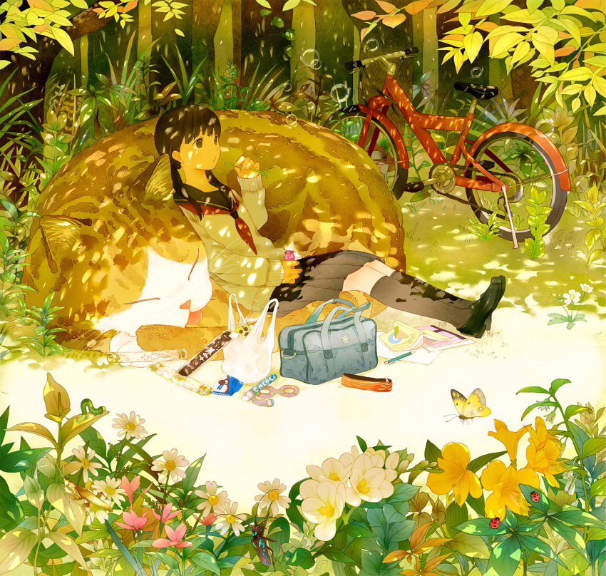 ame_(conronca) animal bag bicycle black_hair black_legwear blowing_bubbles book bubble bubble_blowing butterfly candy cat caterpillar conronca daisy flower highres ladybug loafers mechanical_pencil mentos neckerchief notebook original oversized_animal pencil school_uniform serafuku shoes sitting skirt socks solo sweater