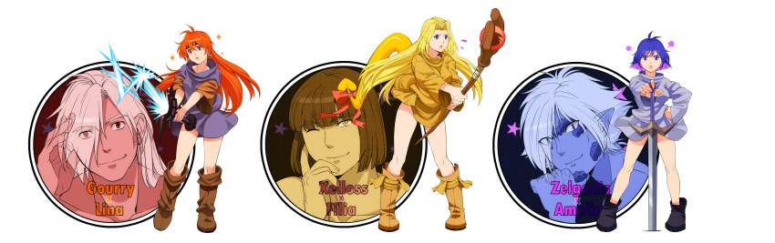 3girls absurdres alternate_costume amelia_wil_tesla_seyruun blonde_hair blue_eyes boots character_name filia_ul_copt gourry_gabriev hair_over_one_eye hand_on_hip headband highres lina_inverse long_hair lyxu multicolored_hair multiple_boys multiple_girls orange_hair pink_hair purple_hair raglan_sleeves red_eyes shoes short_hair skirt slayers slayers_try staff sword tail two-tone_hair weapon wink xelloss zelgadiss_graywords