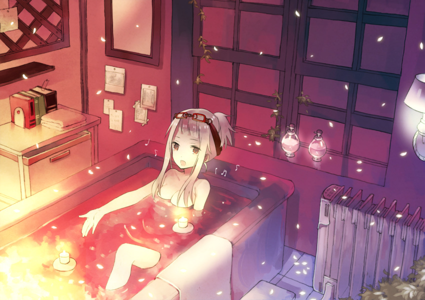 :d bath book breasts brown_hair candle glasses_on_head mirror musical_note nude open_mouth original osamu_(10051213) outstretched_arm petals radiator side_ponytail signing silver_hair sitting smile solo spoken_musical_note towel water window