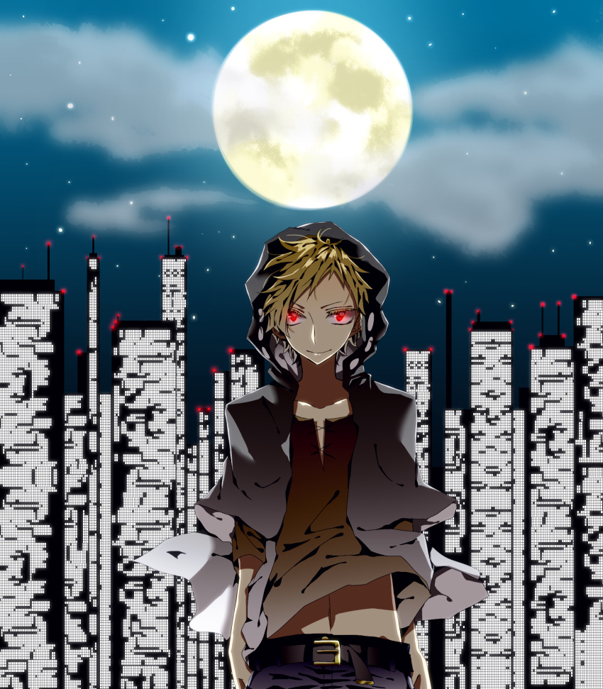 1boy belt blonde_hair building city city_skyline cloud colored_eyelashes full_moon glowing glowing_eyes highres hoodie kano_(kagerou_project) looking_at_viewer male midriff moon navel night red_eyes ri-rihoo short_hair skyscraper smile solo star_(sky) vocaloid yobanashi_deceive_(vocaloid)