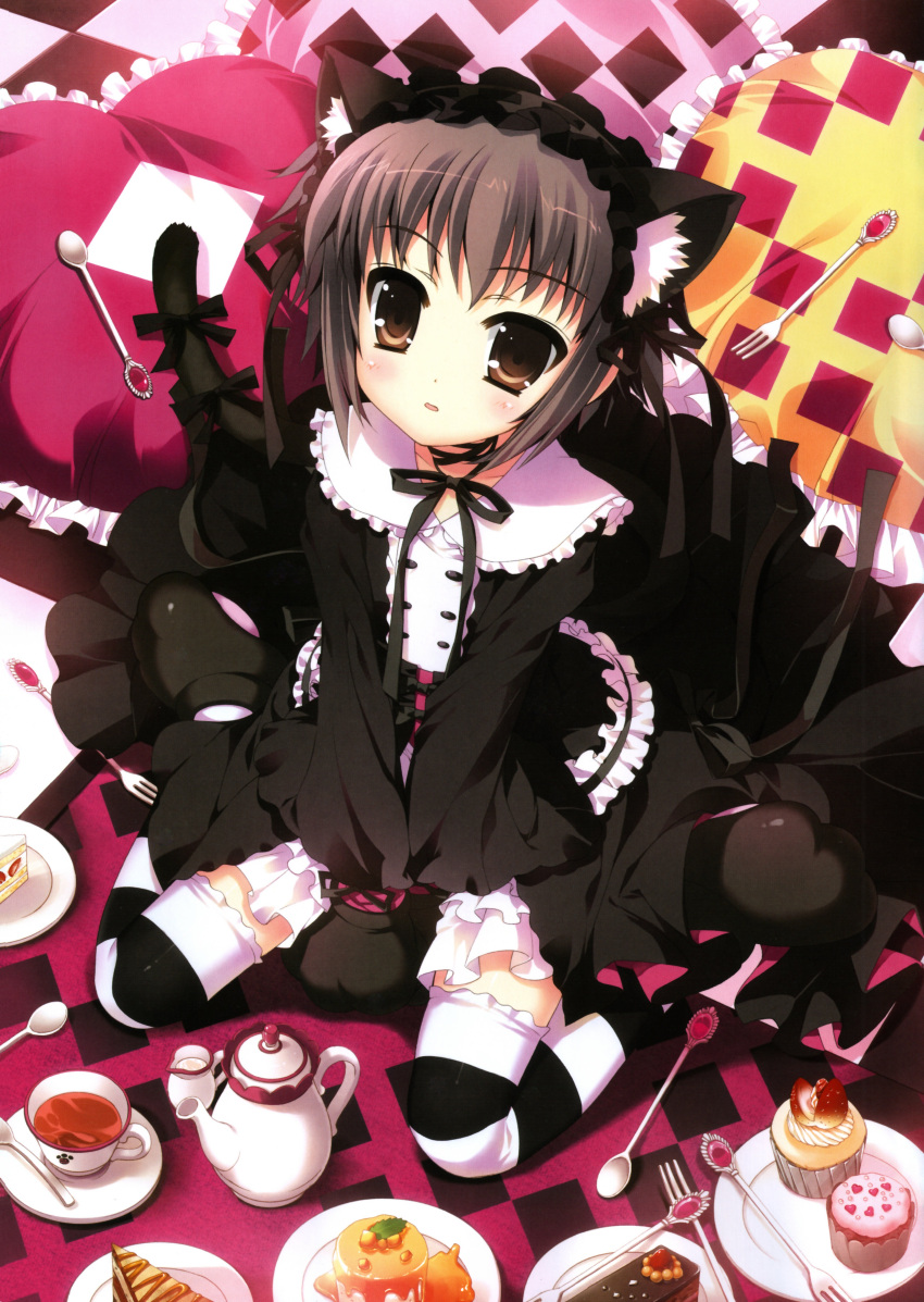 absurdres alternate_costume animal_ears brown_eyes cake cat_ears cat_tail cup cupcake fake_animal_ears fake_animal_tail fake_tail food fork fujima_takuya grey_hair heart highres kettle leaf long_sleeves nagato_yuki open_mouth pie pillow plate pudding short_hair sitting solo spoon suzumiya_haruhi_no_yuuutsu tail tea teacup thigh-highs thighhighs wide_sleeves