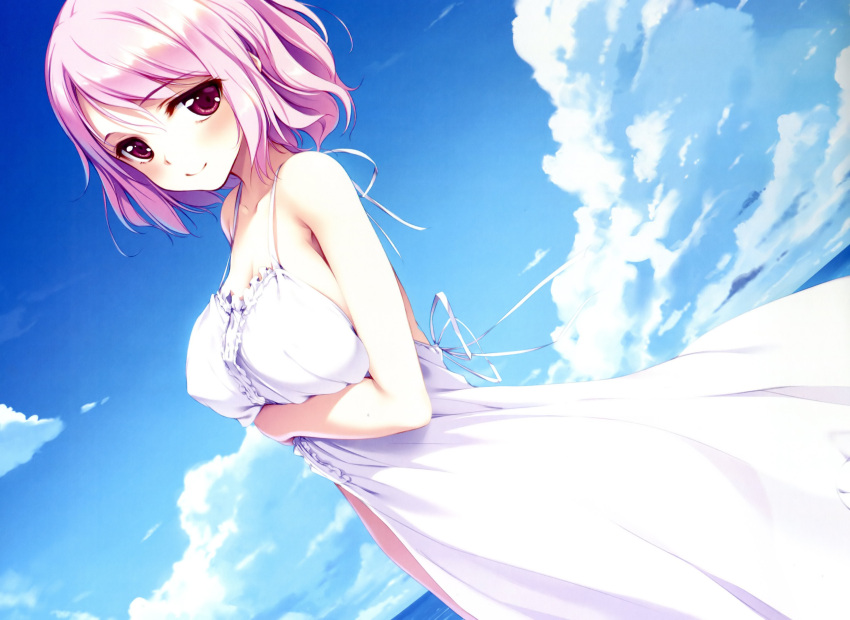 blush breasts cloud dress dutch_angle frills hat highres ke-ta looking_at_viewer ocean pink_eyes pink_hair saigyouji_yuyuko scan short_hair sky smile solo strap_gap sundress touhou