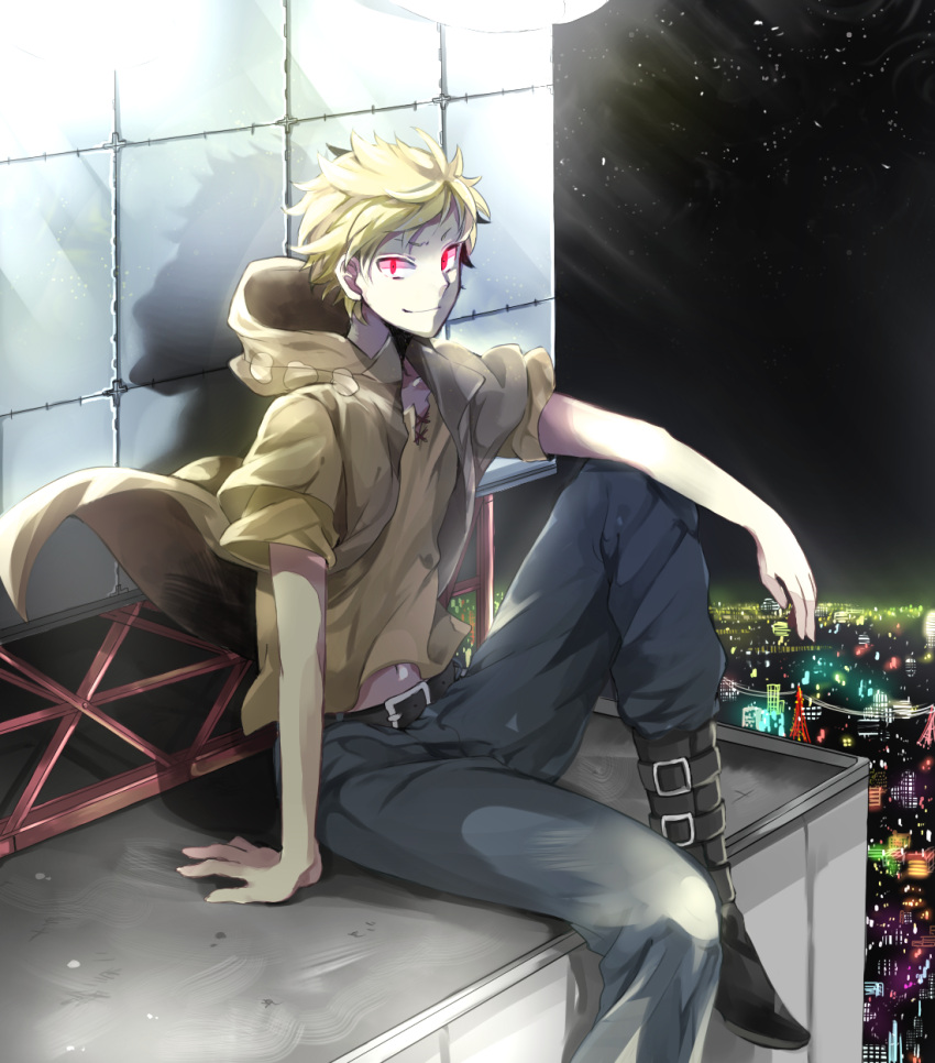 1boy belt blonde_hair boots city city_lights highres hoodie kano_(kagerou_project) looking_at_viewer male mitsu_yomogi navel night red_eyes short_hair smile solo vocaloid yobanashi_deceive_(vocaloid)