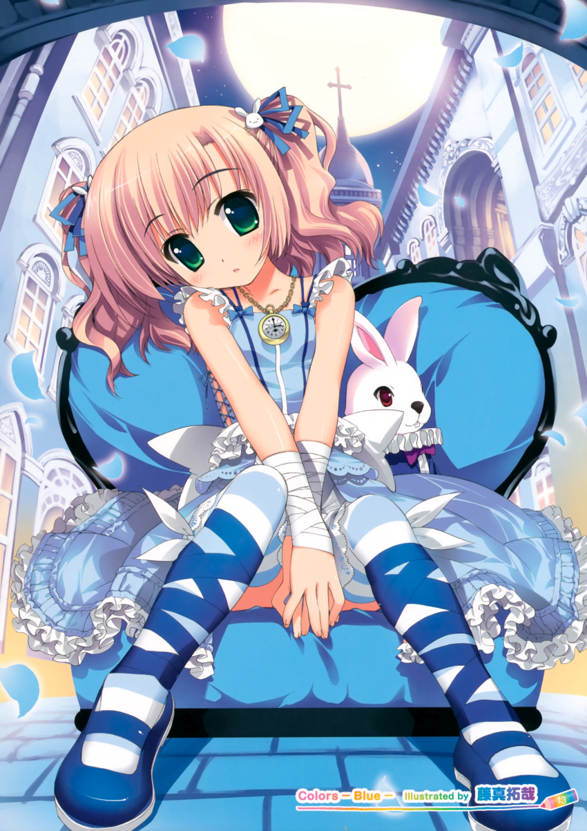 absurdres bandage bandages blonde_hair blue blush bunny couch cross frills fujima_takuya green_eyes hair_ornament highres looking_at_viewer moon night open_mouth original petals pocket_watch rabbit scan sitting sleeveless solo stuffed_animal stuffed_toy twintails v_arms watch window wrist_wraps