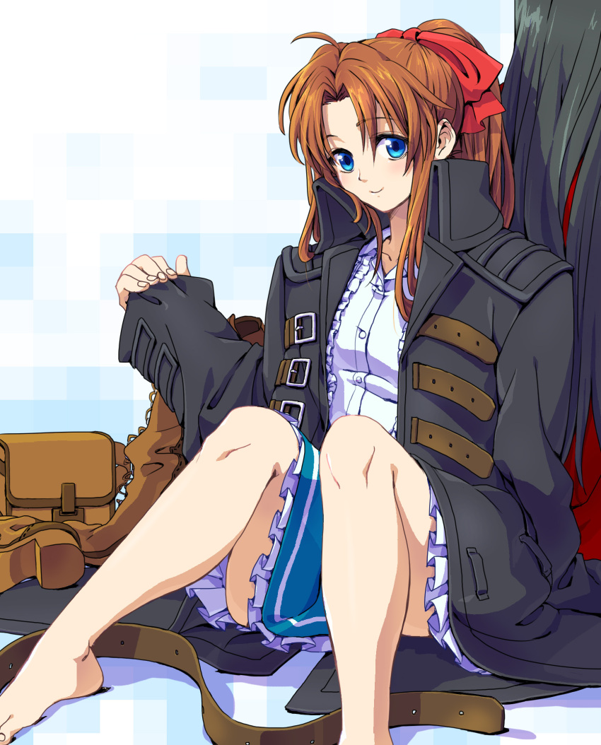 aerith_gainsborough belt black_hair blue_eyes bream-tan brown_hair character_request coat copyright_request final_fantasy final_fantasy_vii highres oversized_clothes ponytail pouch ribbon sitting skirt solo