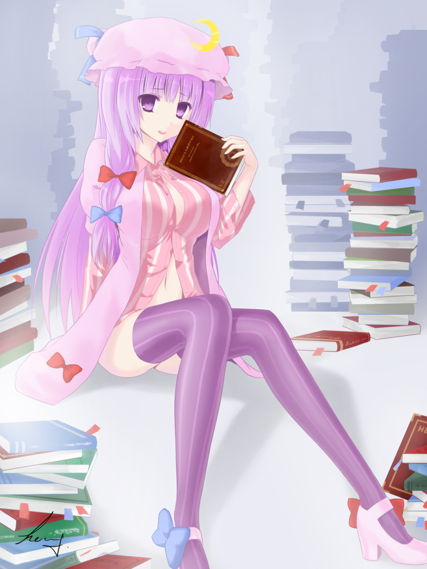 book bookmark bow crescent hair_bow hat high_heels highres hsuliherng long_hair long_sleeves open_mouth patchouli_knowledge purple_eyes purple_hair ribbon shoe shoes signature sitting solo striped striped_legwear thigh-highs thighhighs touhou vertical-striped_legwear vertical_stripes violet_eyes