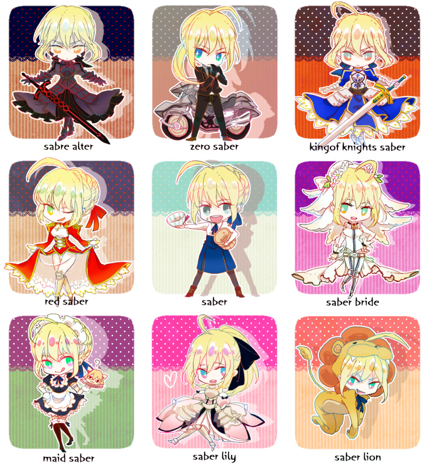 0waaa 6+girls :3 :q ? ahoge all_fours animal_costume armor armored_dress blonde_hair blue_eyes bodysuit carnival_phantasm curtsey detached_sleeves dress dual_persona epaulettes excalibur fate/extra fate/extra_ccc fate/hollow_ataraxia fate/stay_night fate/tiger_colosseum fate/unlimited_codes fate/zero fate_(series) formal green_eyes hand_on_hip heart lion_costume long_hair maid maid_headdress motor_vehicle motorcycle multiple_girls multiple_persona nekoarc pant_suit pantyhose ponytail rice_bowl saber saber_alter saber_bride saber_extra saber_lily saber_lion see-through suit sword tongue tsukihime type-moon vehicle weapon yellow_eyes