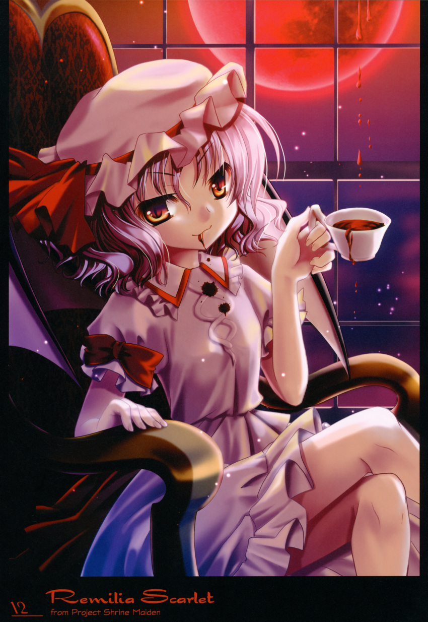 absurdres alternate_eye_color alto_seneka bow chair character_name crossed_legs cup hat hat_ribbon highres legs_crossed moon night puffy_sleeves red_moon remilia_scarlet ribbon scan short_hair short_sleeves silver_hair sitting sky slit_pupils smile solo teacup touhou window yellow_eyes