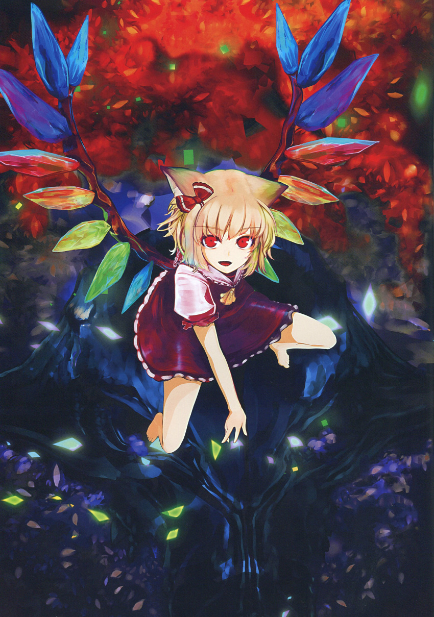 :d absurdres animal_ears ascot barefoot blonde_hair bow cat_ears fang flandre_scarlet hair_bow highres kemonomimi_mode looking_at_viewer no_hat no_headwear open_mouth red_eyes scan short_hair skull smile solo touhou virus_(obsession) wings