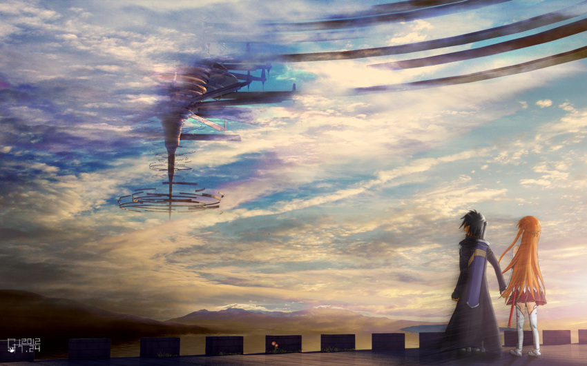 clouds kirigaya_kazuto landscape scenic sky sword sword_art_online weapon yuuki_asuna