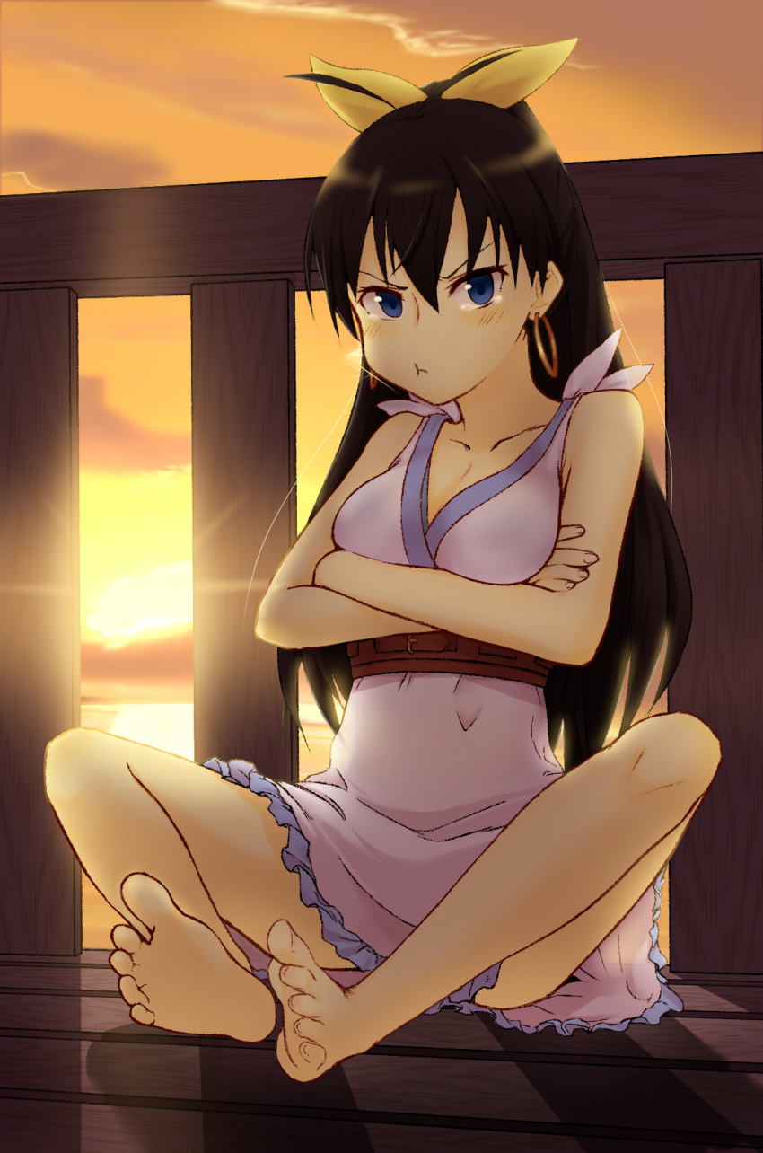 :t barefoot blue_eyes brown_hair butterfly_sitting crossed_arms feet ganaha_hibiki highres idolmaster indian_style mikidar ponytail sitting soles sunset toes