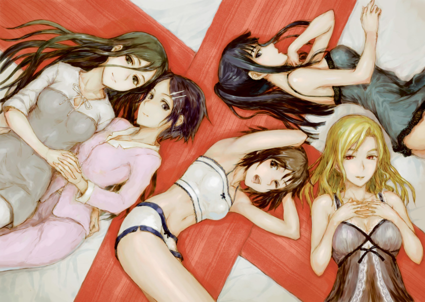 bare_shoulders black_hair blonde_hair camisole character_request collarbone copyright_request green_eyes green_hair hair_ornament hairclip hand_holding holding_hands lying midriff mound_of_venus navel nightgown pajamas ponytail red_eyes sasagawa_(haikaiki) wink