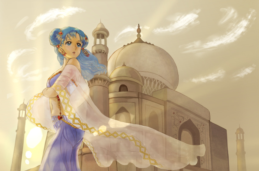 arabian_clothes bare_shoulders blue_eyes blue_hair breasts brown cloud clouds dome double_bun from_below hair_ornament harem harem_pants highres jewelry kida_(zakuroishi) lens_flare long_hair looking_up midriff minaret mosque navel original pants parted_lips princess see-through shawl sky solo sunlight tan tubetop