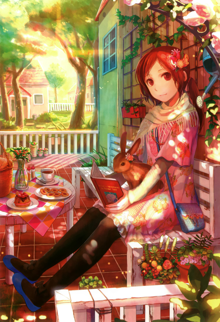 bag bench black_legwear book breasts building bunny cropped cup dress flower food fuji_choko hair_flower hair_ornament highres holding holding_book ivy leaf looking_at_viewer open_book original pantyhose plant plate ponytail potted_plant rabbit red_eyes scan side_ponytail sitting smile solo sunlight teacup tree vase watering_can