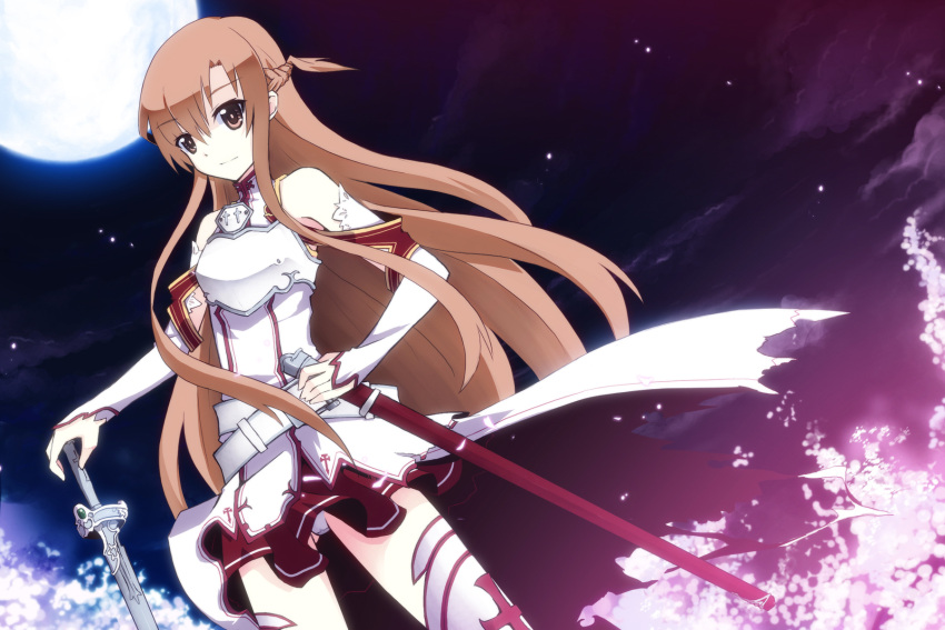 asuna_(sao) bare_shoulders breastplate brown_eyes brown_hair detached_sleeves hand_on_hilt hand_on_hip highres long_hair moon night planted_sword planted_weapon skirt smile solo sword sword_art_online thighhighs uiu weapon white_legwear yuuki_asuna