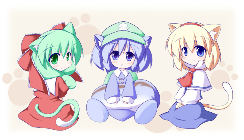 alice_margatroid animal_ears backpack bag blonde_hair blue_eyes blue_hair bow capelet cat_ears cat_tail dress frills green_eyes green_hair hair_bow hair_ornament hair_ribbon hairband hands_on_lap hat holding kagiyama_hina kawashiro_nitori kemonomimi_mode key long_hair looking_at_viewer looking_back miyo_(miyomiyo01) multiple_girls red_dress ribbon short_hair squirrel_ears squirrel_tail tail touhou twintails