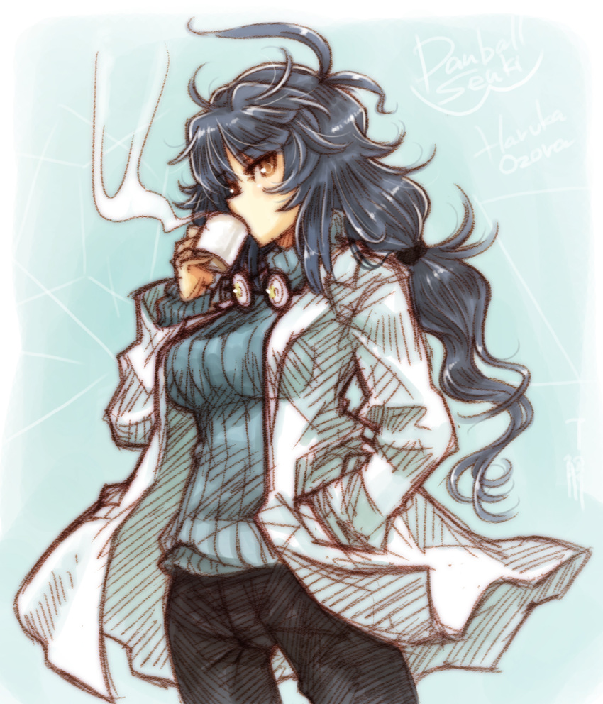 antenna_hair blue_hair breasts character_name cup danball_senki drinking glasses glasses_removed hand_in_pocket highres labcoat large_breasts long_hair mug oozora_haruka pants ryou_(shirotsumesou) solo steam sweater title_drop turtleneck yellow_eyes