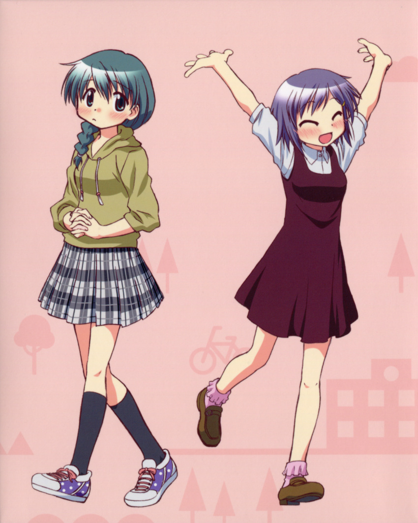 \o/ ^_^ absurdres aoki_ume arms_up blush braid casual chika closed_eyes dress eyes_closed fashion green_eyes green_hair hidamari_sketch highres hoodie itou_yoshiaki loafers multiple_girls natsume_(hidamari_sketch) official_art open_mouth outstretched_arms pink_background purple_hair scan shoes short_hair skirt sleeves_pushed_up sneakers socks sweatshirt