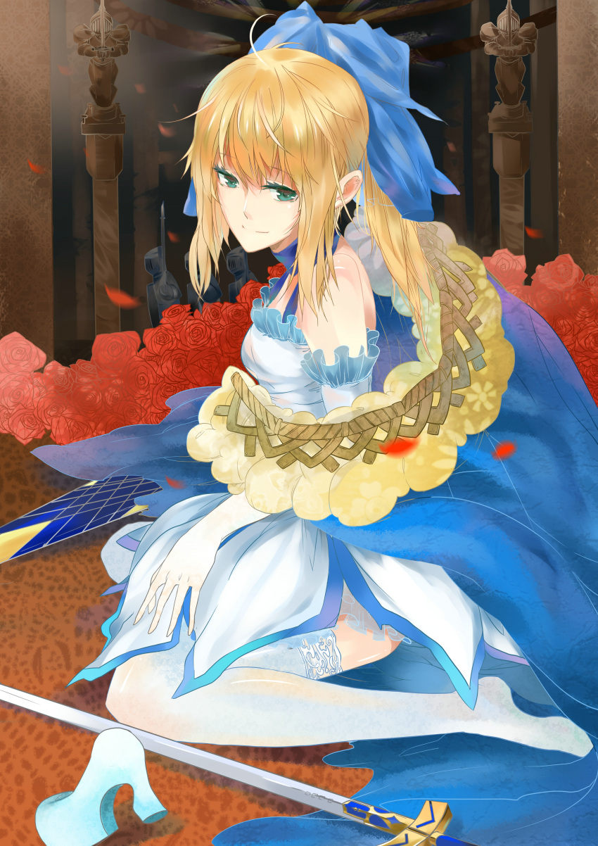 absurdres ahoge alternate_costume avalon_(fate/stay_night) blonde_hair caliburn cape dress elbow_gloves excalibur fate/zero fate_(series) flower gloves green_eyes hair_flower hair_ornament hair_ribbon highres lace lace-trimmed_thighhighs liuruoyu8888 ribbon rose saber shoe_removed sitting smile solo sword thigh-highs thighhighs wariza weapon