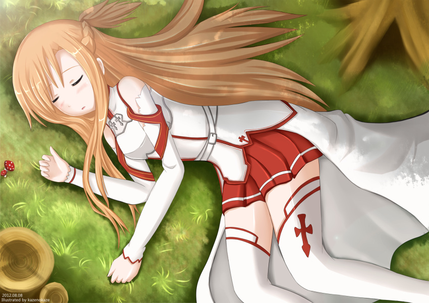 1girl blush brown_hair closed_eyes eyes_closed female kazenokaze long_hair on_side open_mouth red_skirt skirt sleeping solo sword_art_online thigh-highs thighhighs tree white_legwear yuuki_asuna