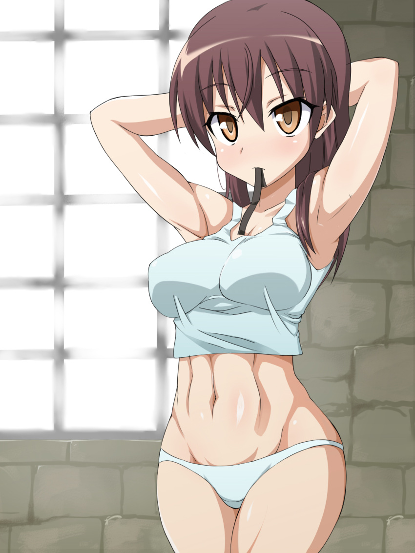 abs adjusting_hair alternate_hairstyle armpits arms_up bra brown_eyes brown_hair gertrud_barkhorn highres long_hair moruan mouth_hold panties ribbon ribbon_in_mouth solo strike_witches underwear