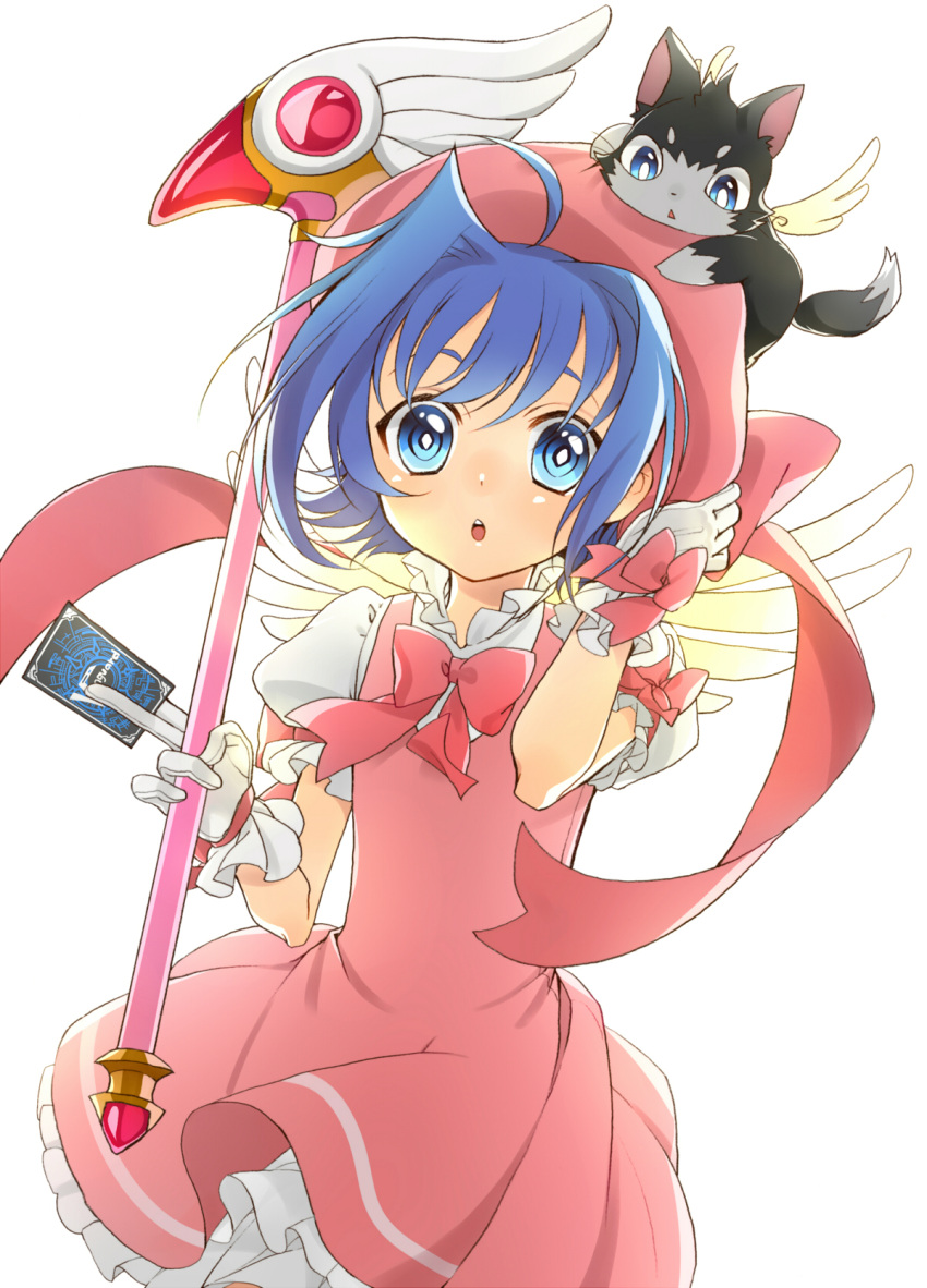 :o blue_eyes blue_hair blush card_captor_sakura cardcaptor_sakura cardfight!!_vanguard cardfight!!_vanguard_(cards) cat cosplay crossdressinging dress fuuin_no_tsue highres kinomoto_sakura kinomoto_sakura_(cosplay) male open_mouth sendou_aichi short_hair solo sub_manager_(cardfight!!_vanguard) trap wand yuu_(7862260010)