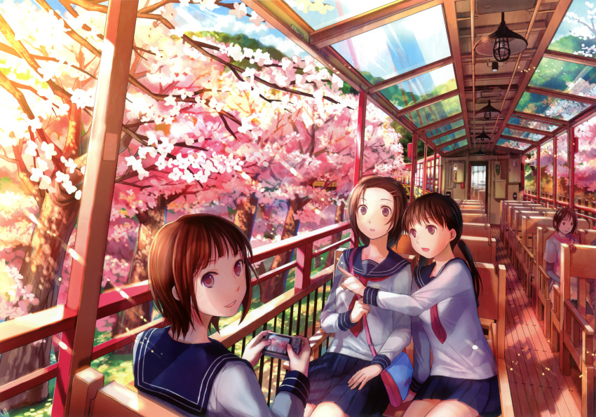 :d brown_hair camera chair cherry_blossoms cropped fuji_choko hair_ornament hairclip highres holding long_hair multiple_girls open_mouth original pink_eyes pointing scan short_hair sitting smile sunlight tree twintails