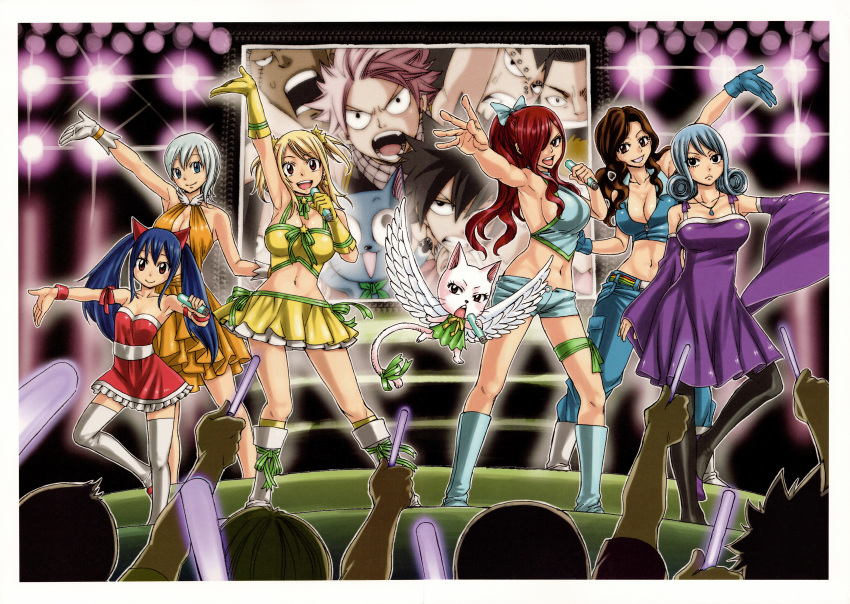 6+girls :d absurdres armpits bare_shoulders belt black_hair blonde_hair blue_eyes blue_hair boots bow breasts brown_eyes brown_hair cana_alberona cat charle_(fairy_tail) cleavage dress elfman erza_scarlet fairy_tail fangs frills gajeel_redfox gloves glowstick gray_fullbuster grin hair_ornament happy_(fairy_tail) highres idol jeans jewelry juvia_loxar large_breasts lisanna long_hair lucy_heartfilia mashima_hiro microphone monitor multiple_boys multiple_girls natsu_dragneel navel necklace official_art open_mouth pantyhose pink_hair ponytail red_eyes red_hair redhead ribbon scan scar short_hair shorts sideboob silver_hair skirt smile stage thigh-highs thighhighs twintails two_side_up wendy_marvell wings wristband