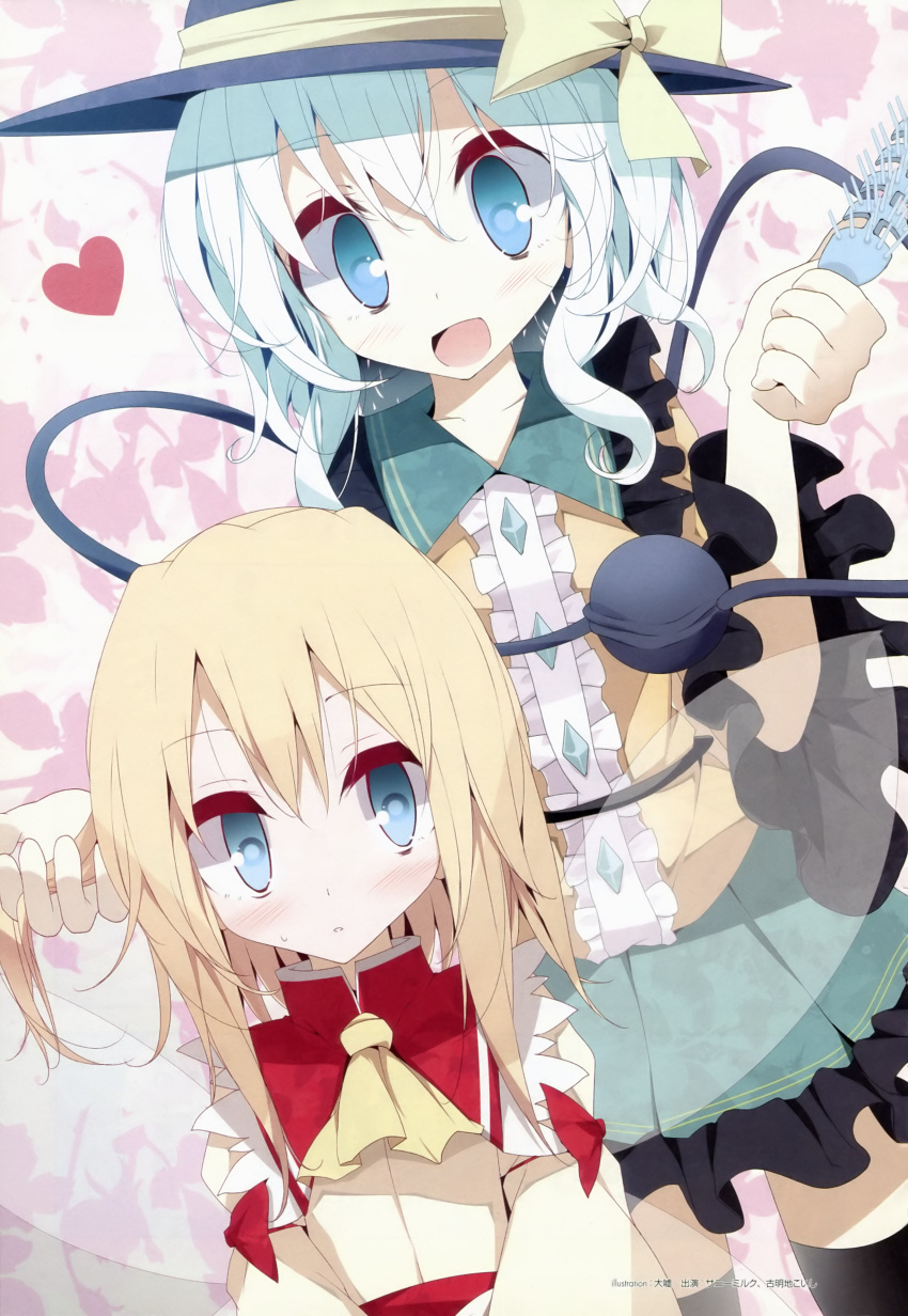 absurdres alternate_hairstyle ascot blonde_hair blue_eyes blush bow closed_eyes collarbone comb eyes_closed fairy_wings hat hat_bow heart highres komeiji_koishi long_sleeves multiple_girls oouso open_mouth scan short_hair silver_hair sunny_milk third_eye touhou usotsukiya wide_sleeves wings