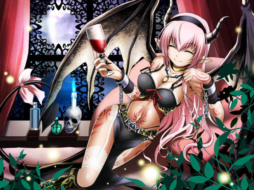 bad_id boots breasts cleavage closed_eyes cup eyes_closed garter_belt horns kuromayu long_hair megurine_luka navel pink_hair pointy_ears solo tail thighhighs vocaloid wine wine_glass