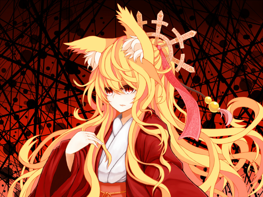animal_ears azure_luna blonde_hair bust fox_ears fox_girl gradient gradient_background hair_ornament hair_ribbon japanese_clothes long_hair long_sleeves miko original parted_lips red_background red_eyes ribbon slit_pupils solo very_long_hair