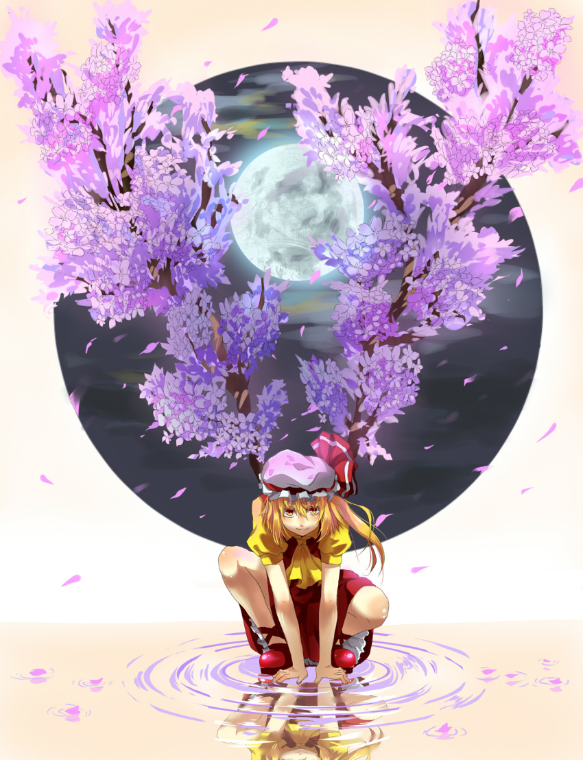 alternate_eye_color ascot bad_id blonde_hair cherry_blossoms flandre_scarlet full_moon hat hat_ribbon highres moon petals puffy_sleeves reflection ribbon ripples short_hair short_sleeves side_ponytail slit_pupils smile solo taichou_furyou touhou yellow_eyes