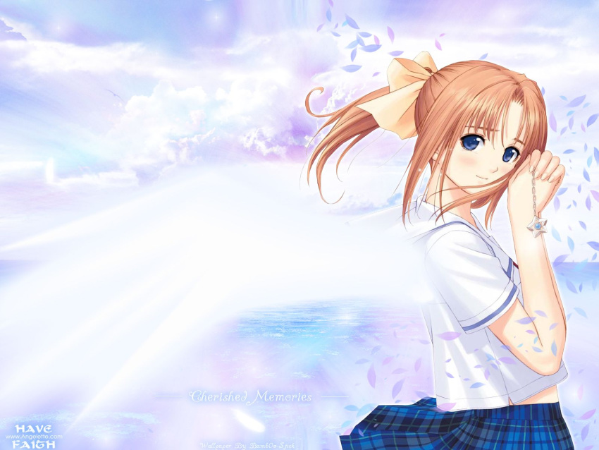 after_sweet_kiss angel_wings bird blue_eyes brown_hair chain cloud clouds english hair_ribbon hands highres jewelry long_hair necklace ocean petals ponytail profile ribbon shiomiya_kanami short_sleeves skirt smile solo star taka_tony tears wallpaper wind wings
