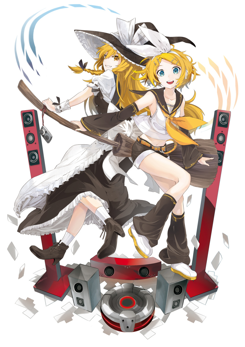 2girls blonde_hair blue_eyes braid broom camera crossover detached_sleeves dress hair_ornament hairband hairclip hat highres kagamine_rin kirisame_marisa long_hair looking_at_viewer midriff multiple_girls navel shoes short_hair simple_background single_braid smile tokiti touhou vocaloid white_background witch_hat yellow_eyes