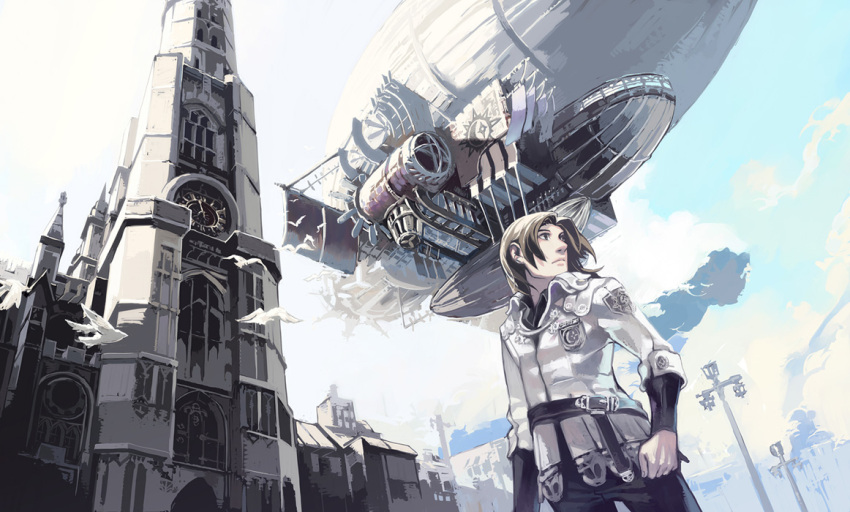 airship aoin bird brown_hair city clock cloud clouds dirigible dove flying from_below gothic_architecture insignia lamppost male original sky solo tower uniform