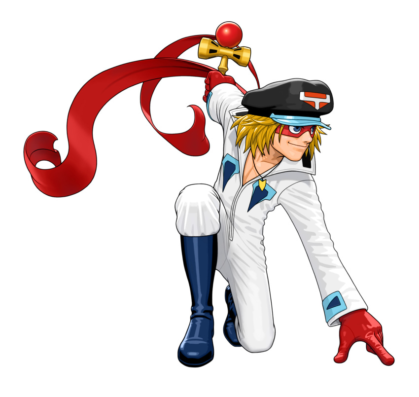 absurdres blonde_hair bodysuit boots capcom gan-chan gloves hat highres kendama kneeling male manly mask official_art open_collar outstretched_arms peaked_cap scarf shinkiro simple_background solo spread_arms tatsunoko_vs_capcom time_bokan_(series) yatterman