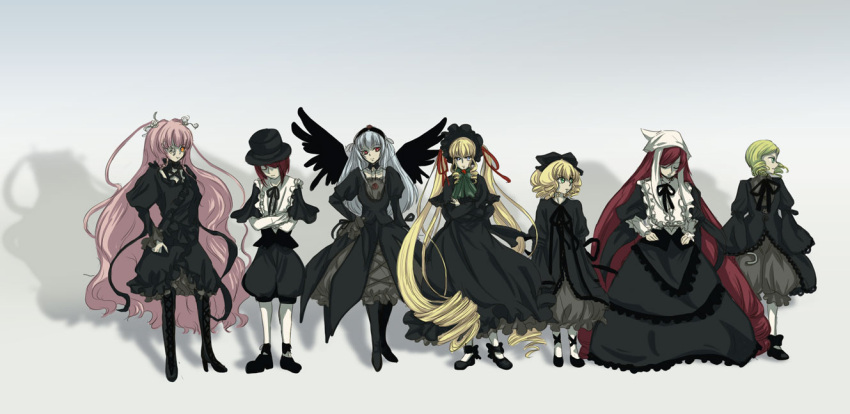 blonde_hair boots bow brown_hair closed_eyes crossed_arms curly_hair flower gallopwind ghost_in_the_shell gothic_lolita green_eyes green_hair hair_bow hair_ornament hairband hat hina_ichigo kanaria kirakishou lineup lolita_fashion long_hair pantyhose parody pink_hair red_eyes ribbon rose rozen_maiden shinku short_hair silver_hair souseiseki suigintou suiseiseki twintails umbrella wings yellow_eyes