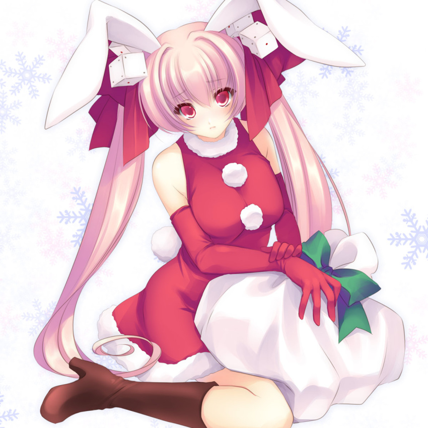 ayase_hazuki bag boots bunny_ears christmas di_gi_charat dice elbow_gloves gloves highres long_hair pink_eyes pink_hair rabbit_ears sack santa_costume sitting snow twintails usada_hikaru