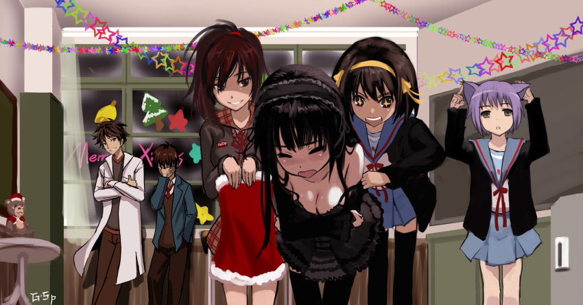 2boys 4girls animal_ears bell bent_over black_hair breasts brown_hair cat_ears character_request christmas christmas_tree cleavage facepalm g_scream gakkou_wo_deyou gothic_lolita grin hat highres koumyouji_maiko kyon labcoat leaning_forward multiple_boys multiple_girls nagato_yuki open_mouth purple_hair santa_hat smile star stuffed_animal stuffed_toy suzumiya_haruhi suzumiya_haruhi_no_yuuutsu teddy_bear thigh-highs thighhighs tree zettai_ryouiki