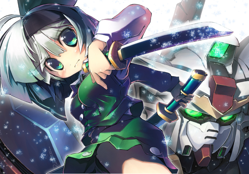 crossover frown gundam gundam_beast gundam_hundred hairband highres katana konpaku_youmu kuroneko1911a1 mecha nanaroku_(fortress76) short_hair silver_hair solo sword touhou weapon