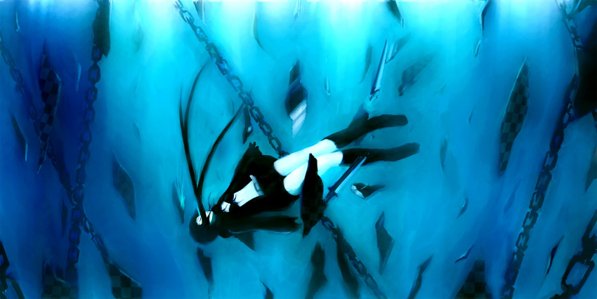 bikini_top black_rock_shooter black_rock_shooter_(character) blue_eyes boots chain chains coat highres huke shorts sword twintails underwater water weapon