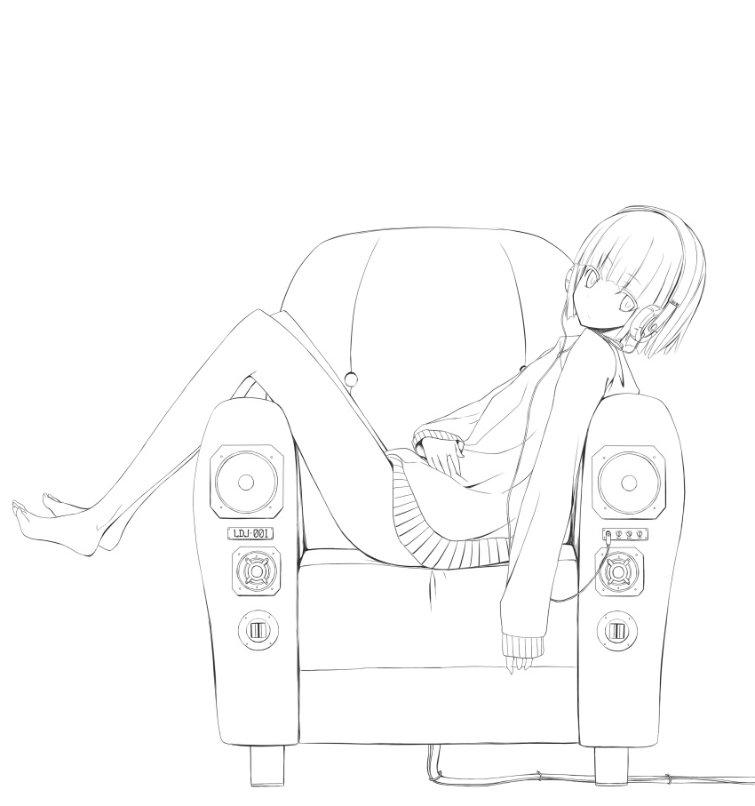 amplifier barefoot bottomless chair feet headphones highres long_legs long_sleeves monochrome nabeshima_tetsuhiro original short_hair solo