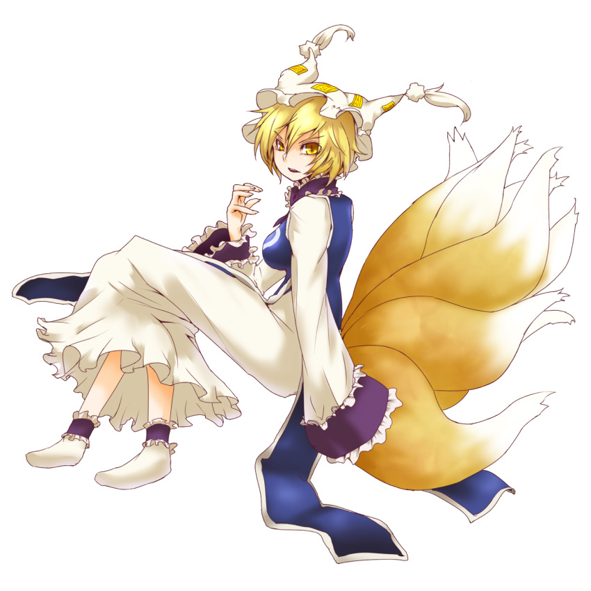 fox_tail hat highres multiple_tails short_hair solo soubi tail touhou transparent_background yakumo_ran yellow_eyes