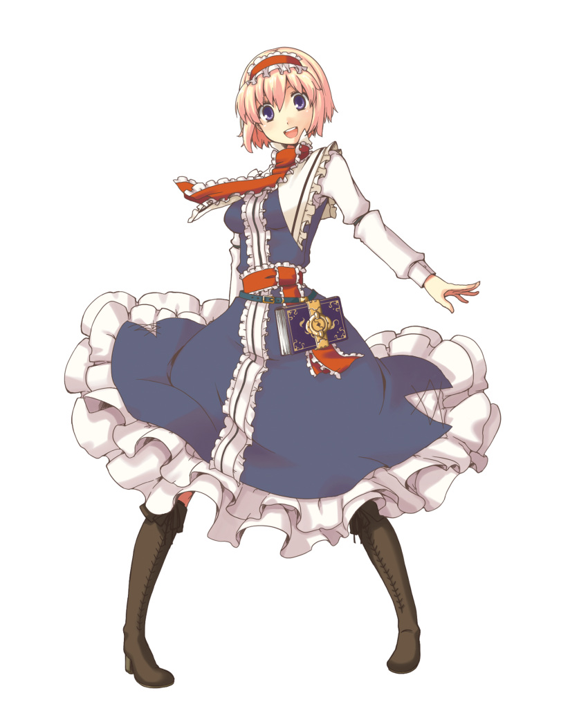 blonde_hair blue_eyes book boots dress frills hairband high_heels highres open_mouth pigeon-toed shoes short_hair smile solo touhou transparent_background uro