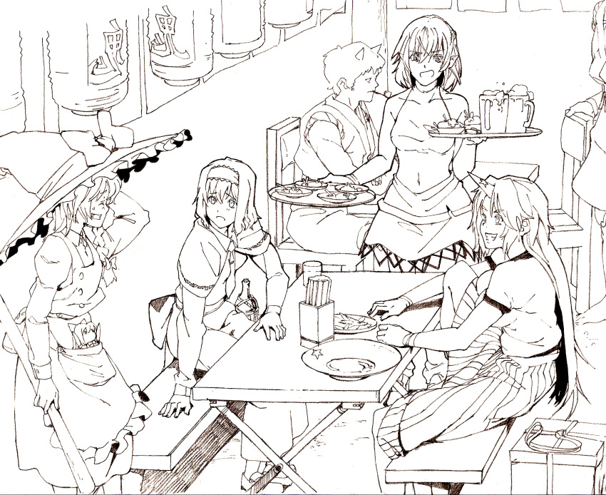 beer brown food graphite_(medium) grin hat highres horn horns hoshiguma_yuugi kirisame_marisa mizuhashi_parsee monochrome mtmy oni pointy_ears restaurant shanghai shanghai_doll smile table touhou traditional_media witch_hat