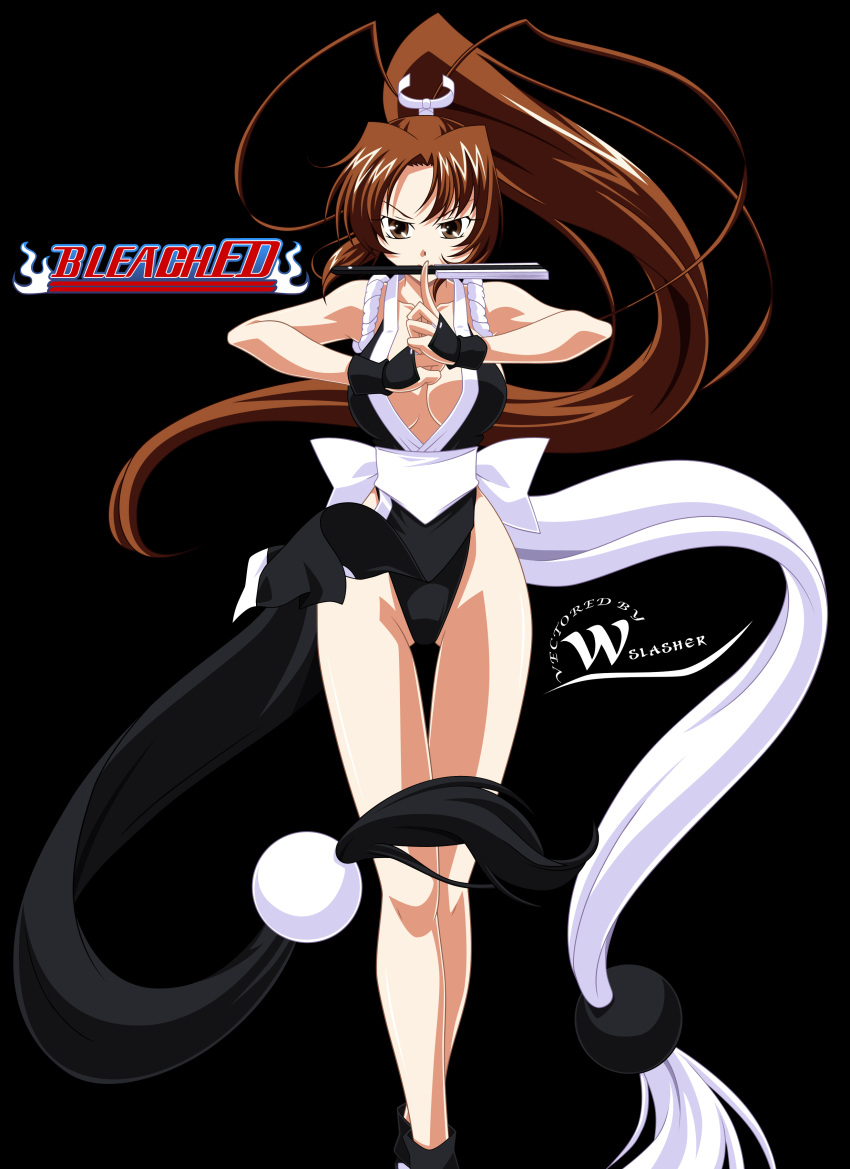 bleach breasts brown_eyes brown_hair cleavage crossover fan fatal_fury gloves highres japanese_clothes king_of_fighters large_breasts legs long_hair long_legs miniskirt panties ponytail queen's_gate queen's_gate rope shinigami shiranui_mai sideboob skirt snk solo underwear wslasher