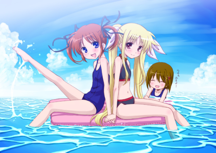 bikini blonde_hair blue_eyes blush brown_hair closed_eyes cloud clouds eyes_closed fate_testarossa long_hair lyrical_nanoha mahou_shoujo_lyrical_nanoha mahou_shoujo_lyrical_nanoha_a's mahou_shoujo_lyrical_nanoha_a's multiple_girls navel ootaka_narumi open_mouth partially_submerged red_eyes school_swimsuit short_hair short_twintails sky smile swimsuit takamachi_nanoha translated translation_request twintails water yagami_hayate