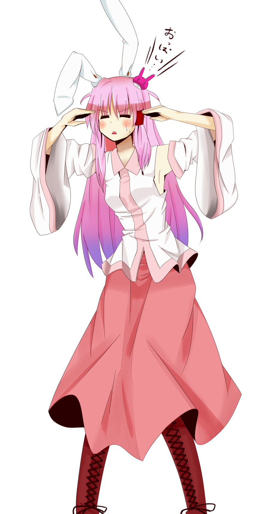 absurdres animal_ears armpits blush bunny_ears bunny_hair_ornament closed_eyes cosplay cross-laced_footwear detached_sleeves eyes_closed highres kochiya_sanae kochiya_sanae_(cosplay) long_hair open_mouth pink_hair rabbit_ears reisen_udongein_inaba solo sweatdrop touhou wide_sleeves