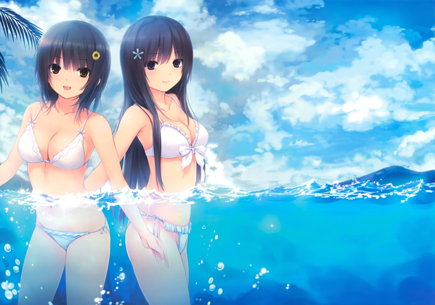 :d absurdres aoyama_sumika bikini black_hair breasts brown_eyes bubble cleavage coffee-kizoku detexted frilled_bikini frills front-tie_top hair_ornament highres looking_at_viewer multiple_girls open_mouth original partially_submerged purple_eyes scan shiramine_rika side-tie_bikini smile swimsuit violet_eyes water white_bikini